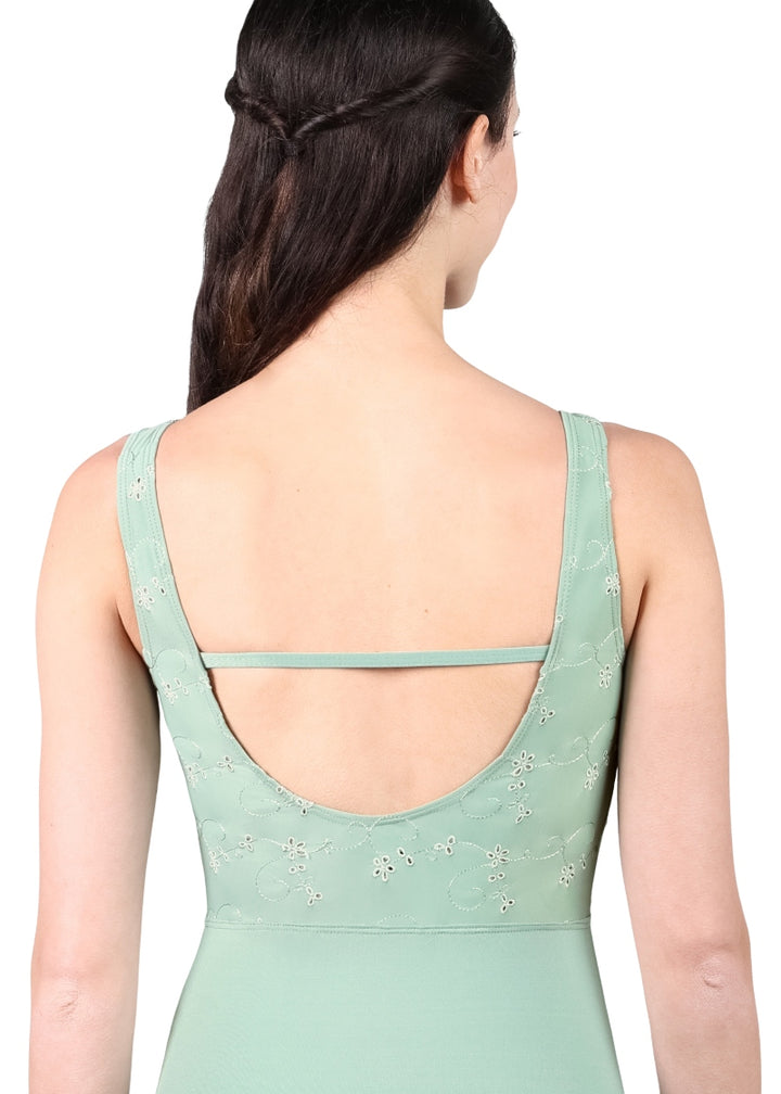 Suffolk 2835A tank leotard in mint green with embroidered bodice and scoop back with cross strap