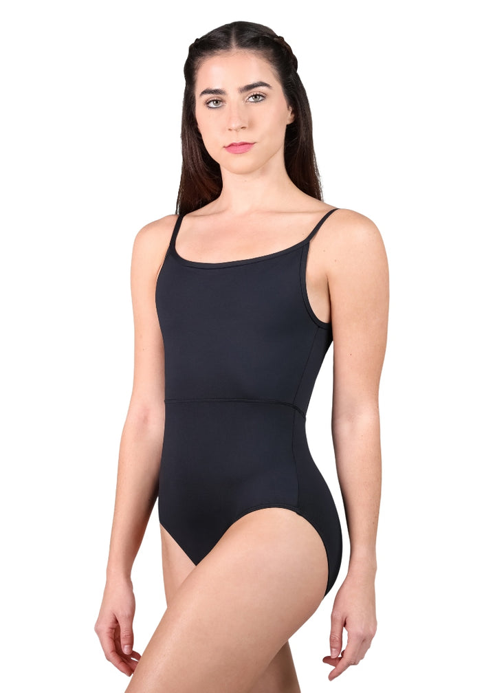 Suffolk 2836A camisole leotard in black with scoop neckline and front waist seam