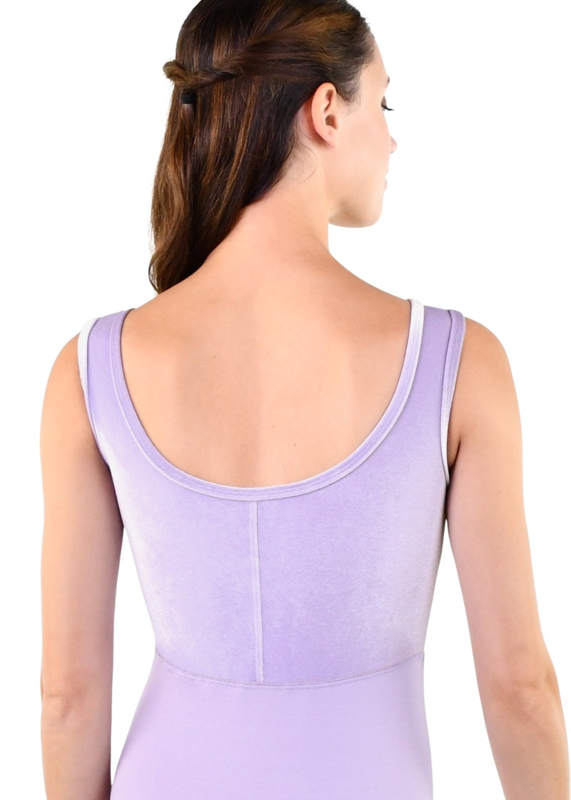 Suffolk tank leotard in light purple with scoop back and velvet bodice.