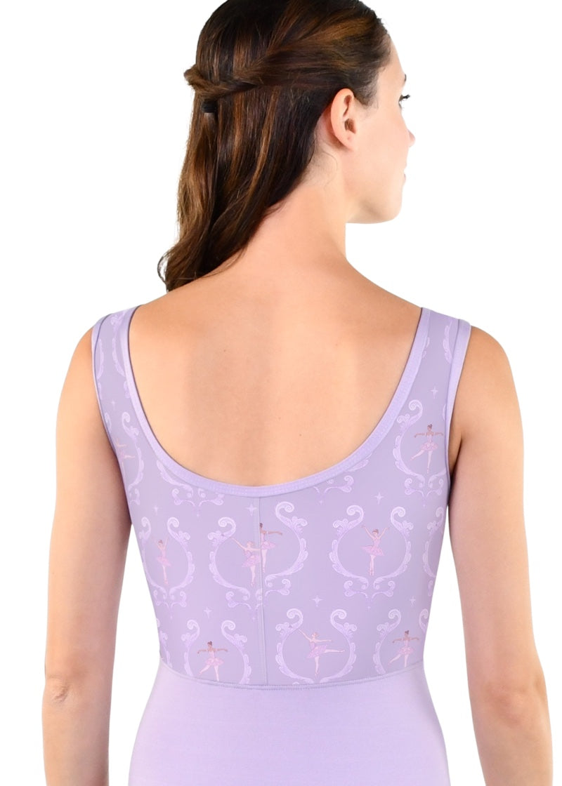Suffolk tank leotard in light purple with scoop back and Sugar Plum Fairy printed bodice.
