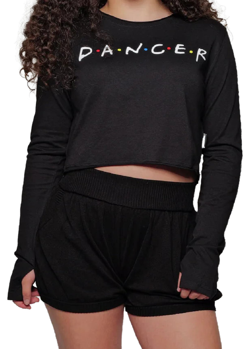 Sugar and Bruno D9874 Friends Font Dancer Women's Long Sleeve Crop Top with Thumbholes in Black