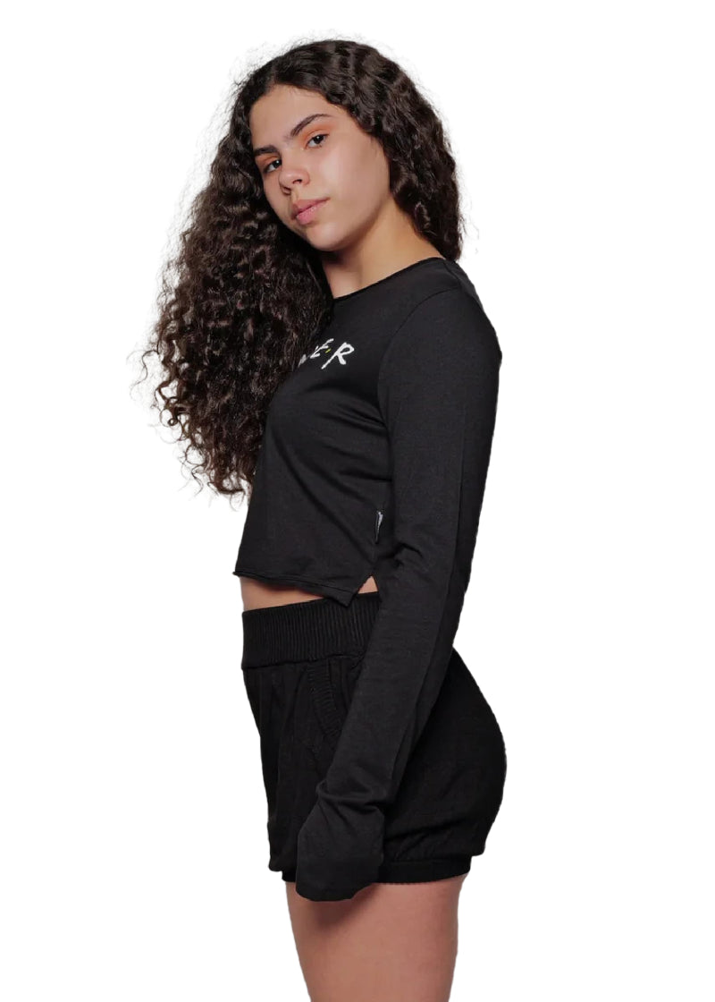Sugar and Bruno D9874 Friends Font Dancer Women's Long Sleeve Crop Top with Thumbholes and side slits in Black