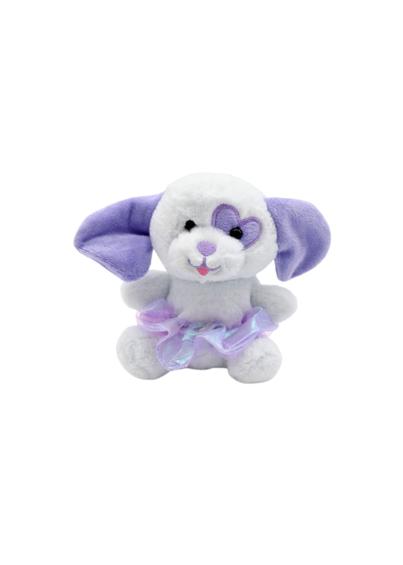 Dasha white plush puppy with purple ears, purple heart patch around one eye, and purple scrunchie tutu.