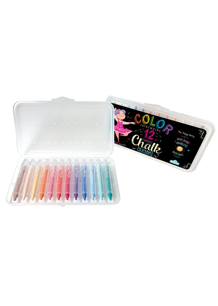 multicolor twistable chalk crayons pictured in packaging