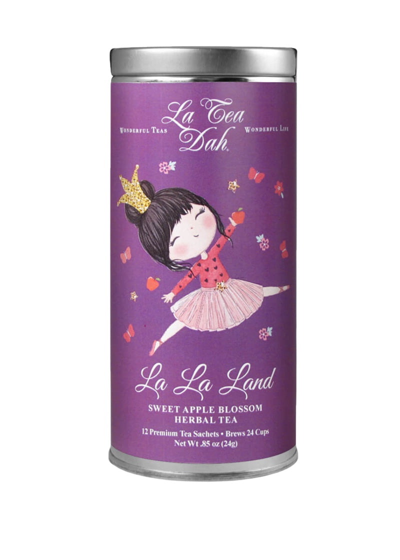 Can of La La Land tea with dancer leaping on package.