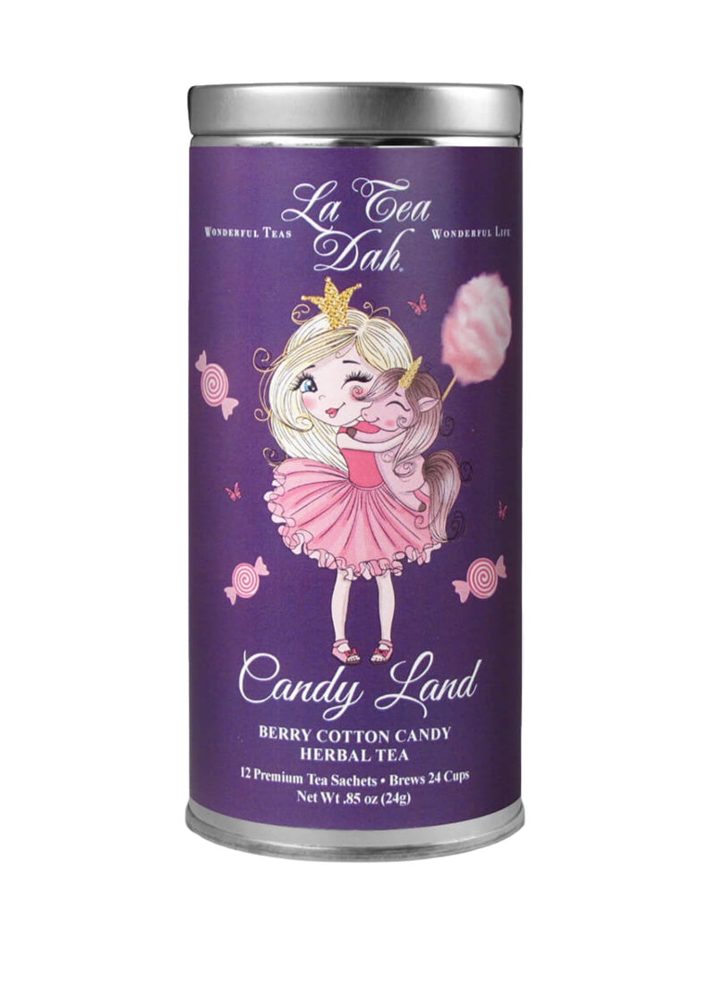 Tin of Candy Land tea with princess and unicorn on the package.