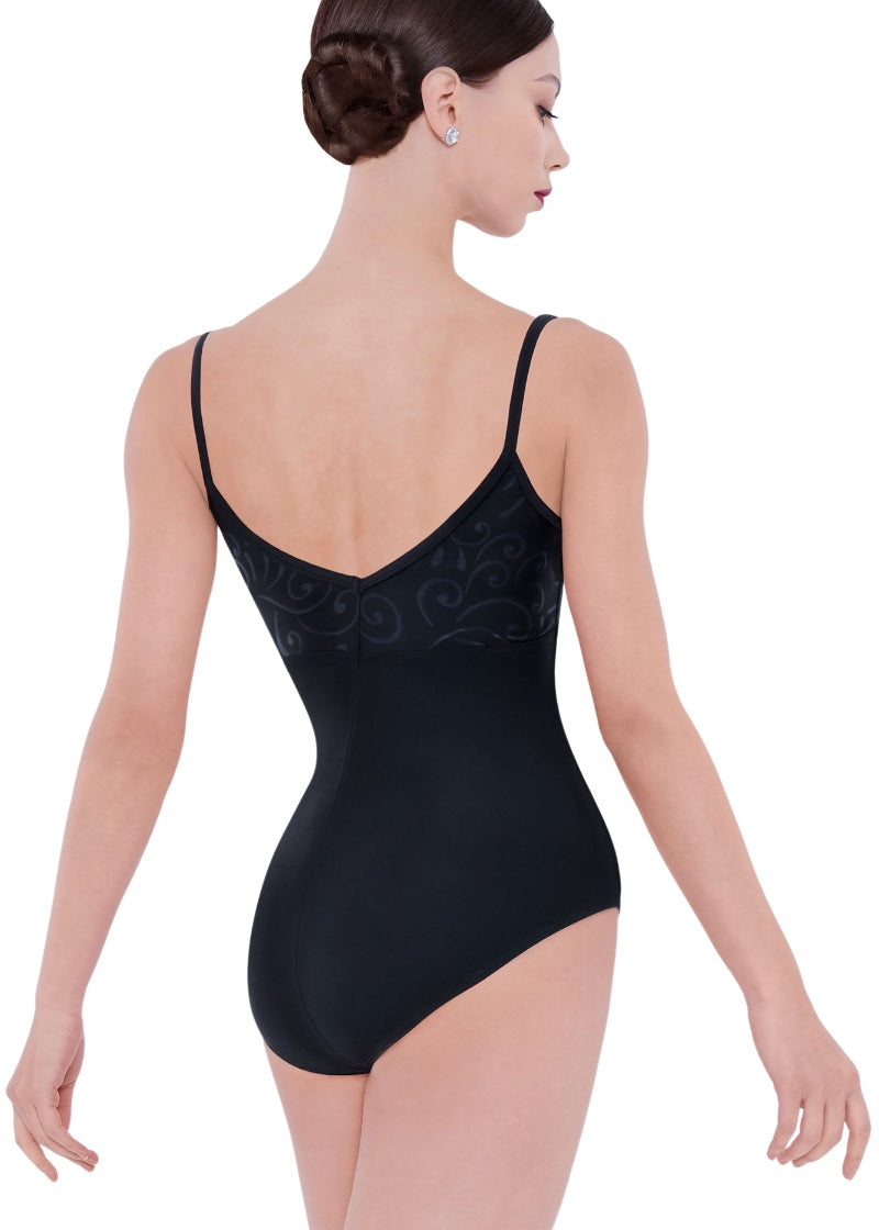Wear Moi women's Kalima camisole leotard in black with v-back and black swirl pattern above empire waistline.