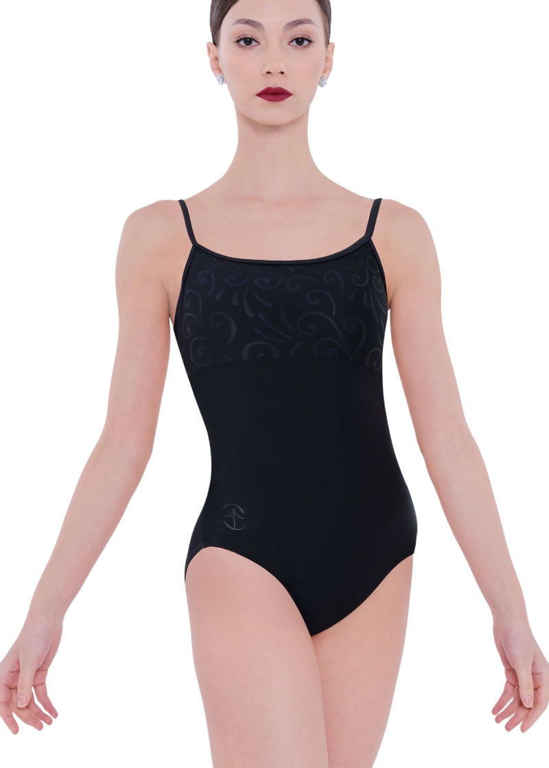 Wear Moi women's Kalima camisole leotard in black with scoop neckline and black swirl pattern above empire waistline.