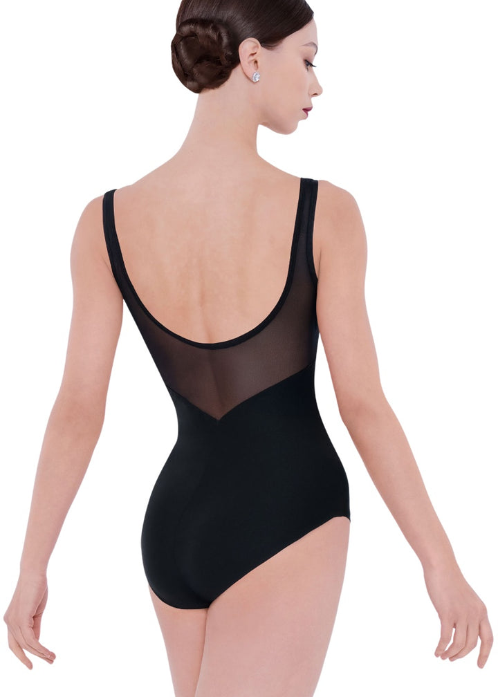 Wear Moi women's Alva tank leotard in black with mesh scoop back.