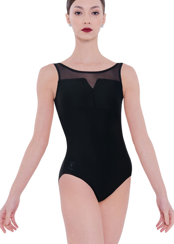 Wear Moi women's Alva tank leotard in black with mesh scoop neckline with v-cutout and empire waistline.