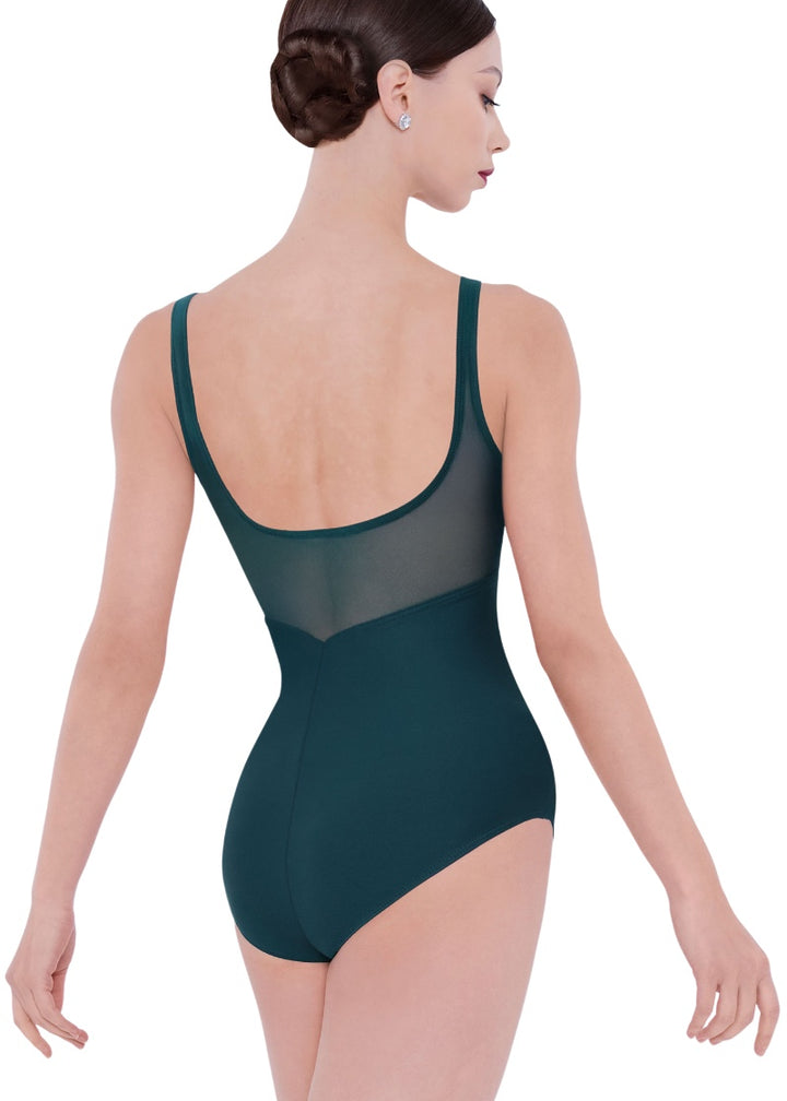 Wear Moi women's Alva tank leotard in dark green with mesh scoop back.