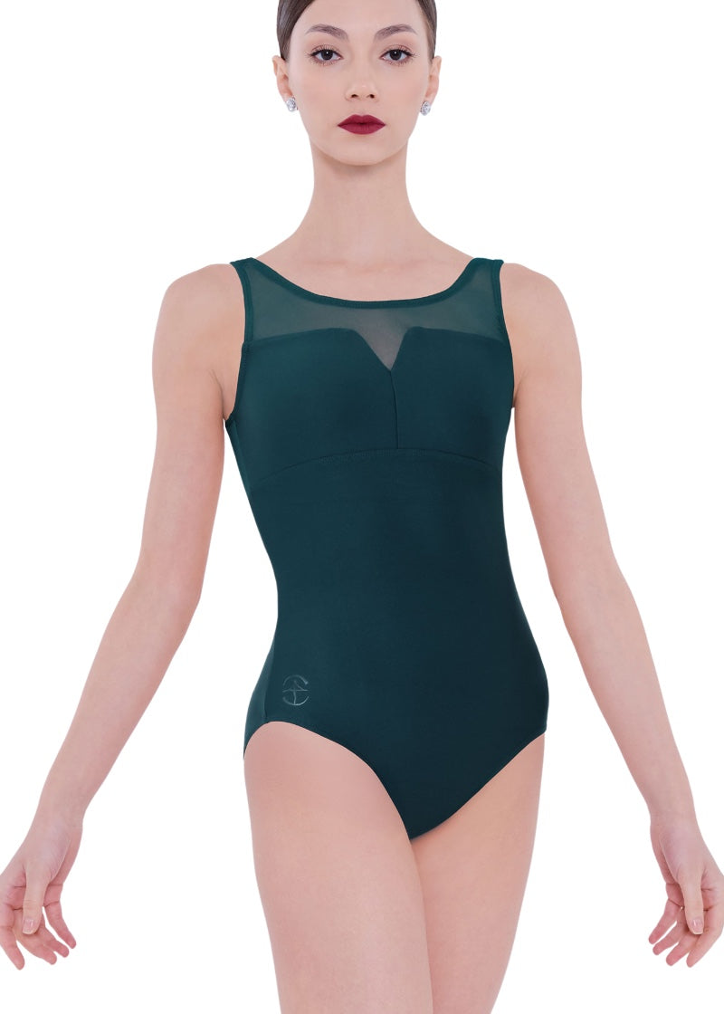 Wear Moi women's Alva tank leotard in dark green with scoop mesh neckline, v-neck cutout and empire waistline.