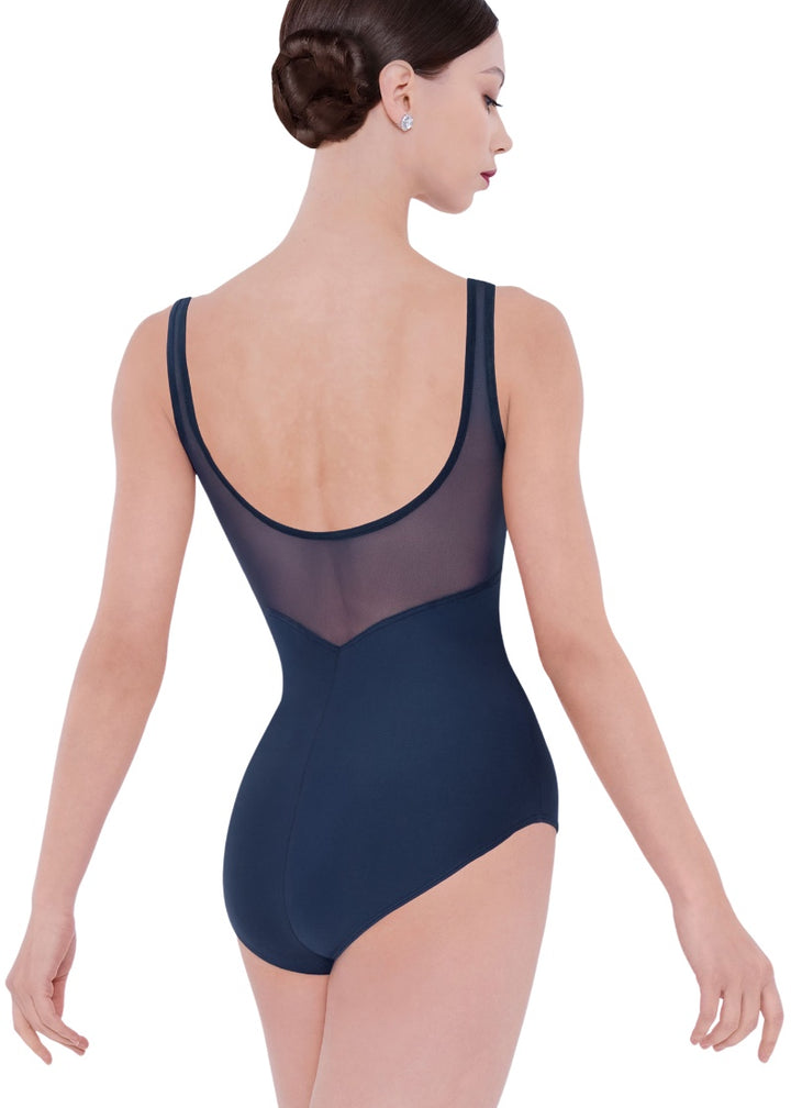 Wear Moi women's Alva tank leotard in dark blue with mesh scoop back.
