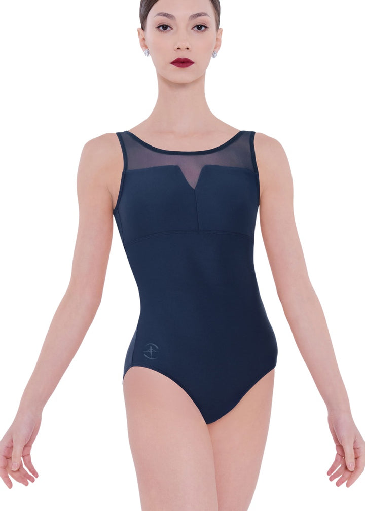 Wear Moi women's Alva tank leotard in dark blue with mesh scoop neckline with v-cutout and empire waistline.