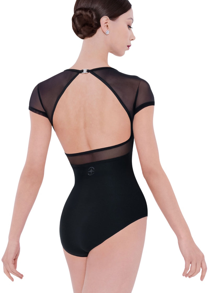 Wear Moi women's Dua mesh cap sleeve leotard in black with mesh panels, open back, and clasp neck closure.
