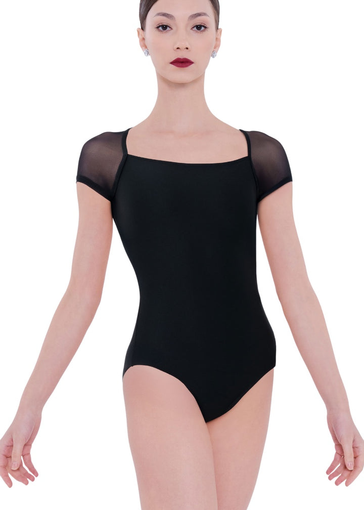 Wear Moi women's Dua mesh cap sleeve leotard in black with square neckline.
