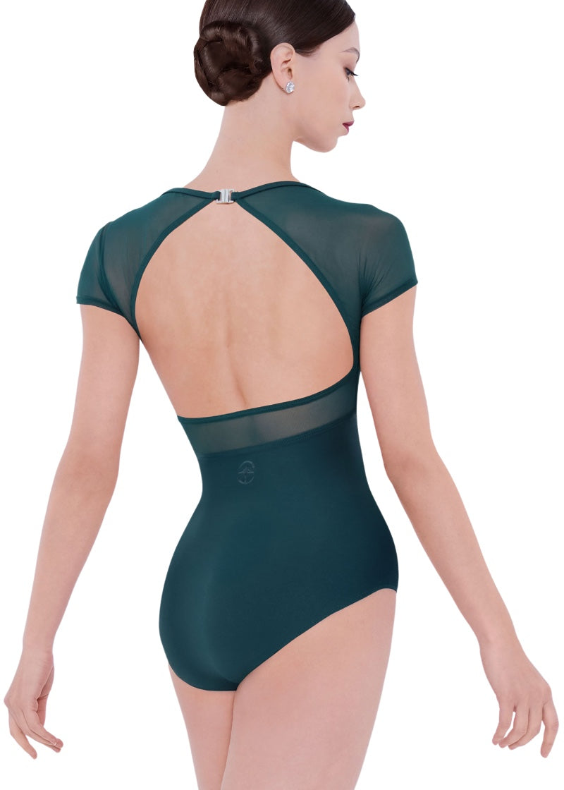 Wear Moi women's Dua cap sleeve leotard in dark green with mesh panels and sleeves and open back with clasp closure.