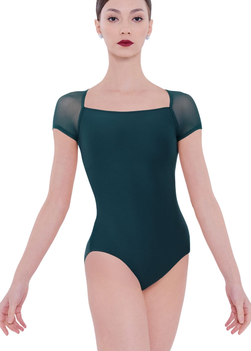 Wear Moi women's Dua cap sleeve leotard in dark green with square neckline and mesh sleeves.