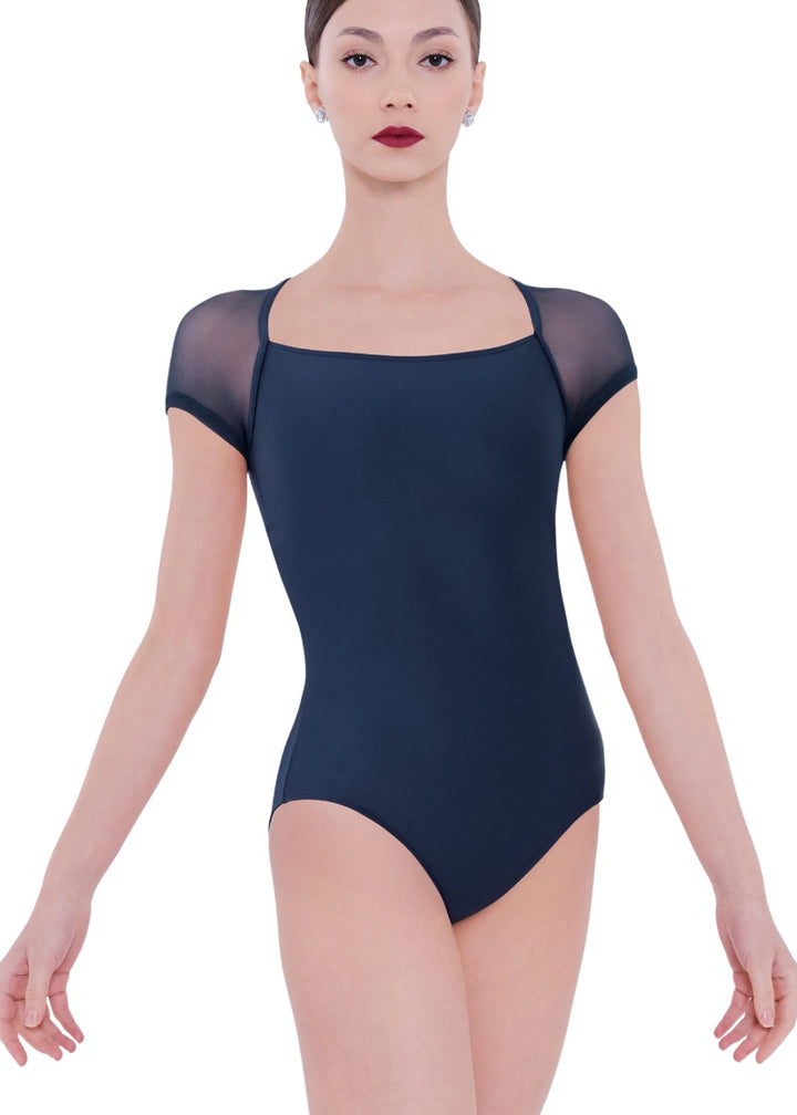 Wear Moi women's Dua mesh cap sleeve leotard in dark blue with square neckline.