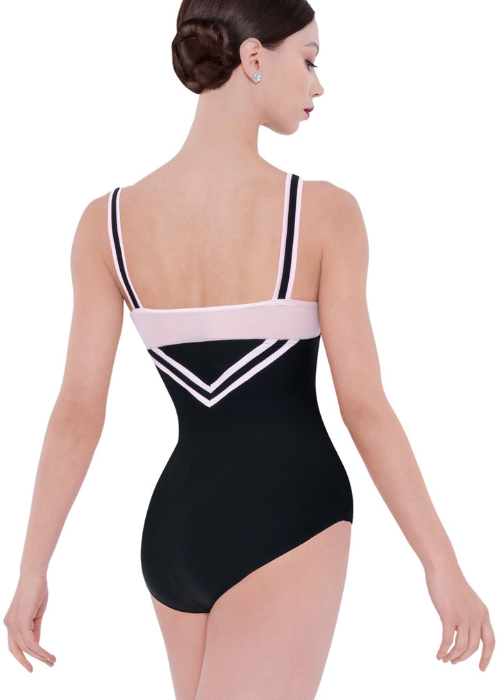Wear Moi women's Margot tank leotard in black with pink mesh back panel, striped straps, and double v-back detail.