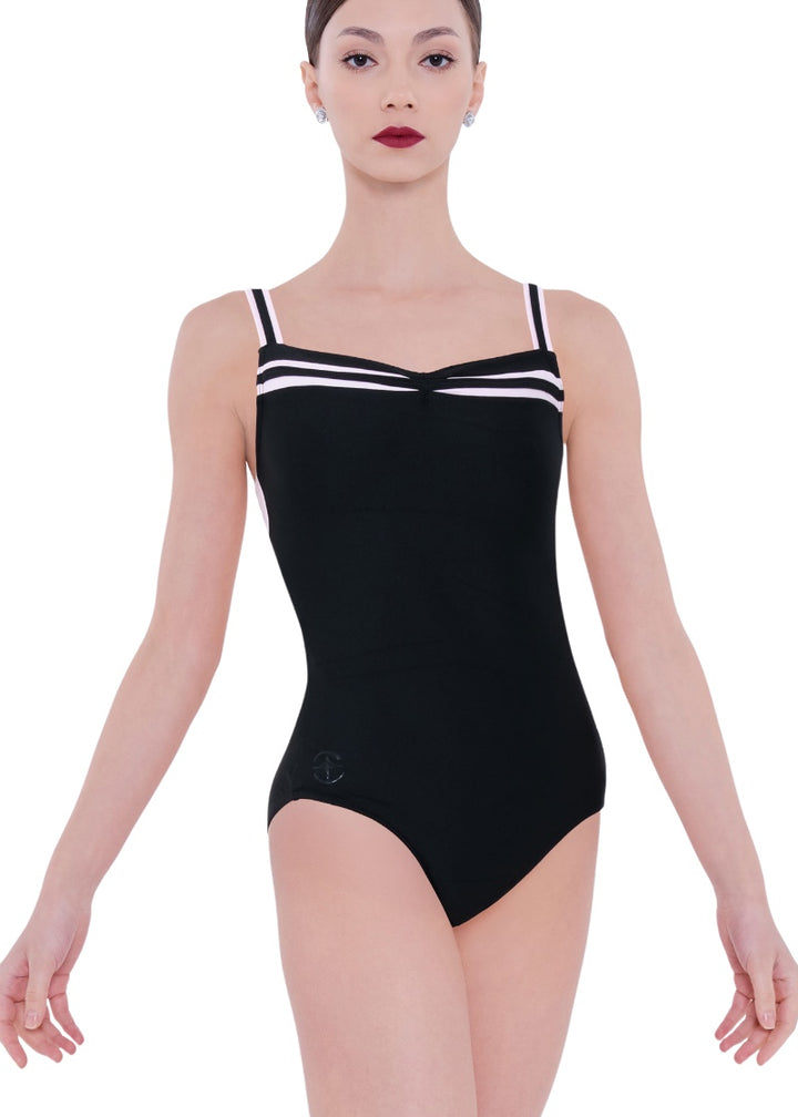 Wear Moi women's Margot tank leotard in black with pink striped straps and neckline and pinch front.