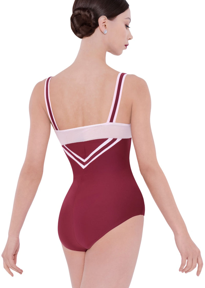 Wear Moi women's Margot tank leotard in burgundy with light pink mesh back panel, striped straps, and double v-back detail.