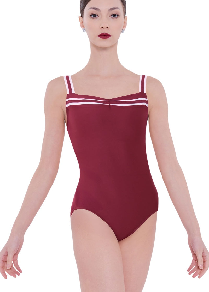 Wear Moi women's Margot tank leotard in burgundy with pink striped straps and neckline and pinch front.