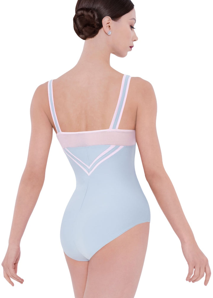 Wear Moi women's Margot tank leotard in light grey with pink mesh back panel, striped straps, and double-v striped back.