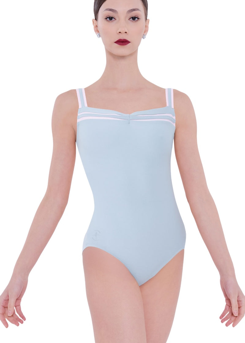 Wear Moi women's Margot tank leotard in light grey with pink stripes on the neckline and straps and pinch front.