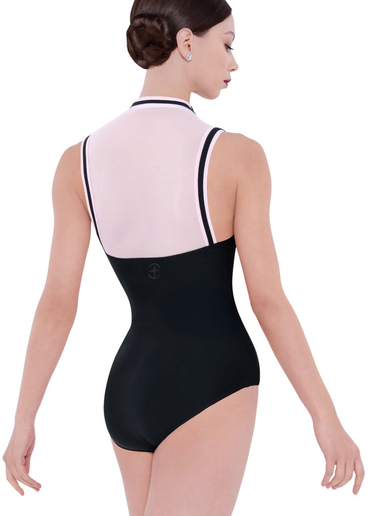 Wear Moi women's Aveline high neck leotard in black with pink mesh back panel and striped shoulders and neckline.