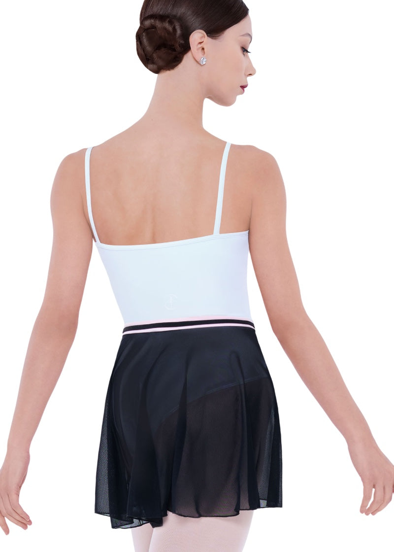Wear Moi women's Ombrelle mesh pull-on skirt in black with light pink waistband stripes.