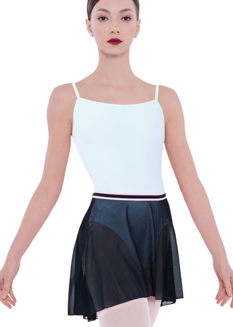 Wear Moi women's Ombrelle mesh pull-on skirt in black with light pink waistband stripes.