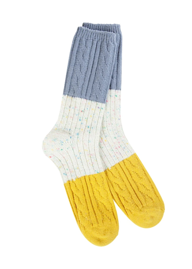 cable knit color blocked socks in yellow, white, and blue