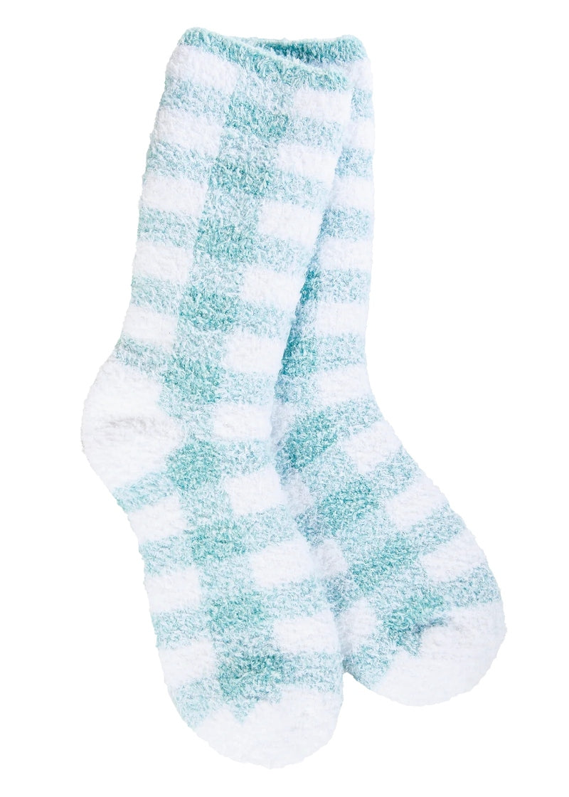 World's Softest plush fuzzy crew socks with turquoise and white gingham check