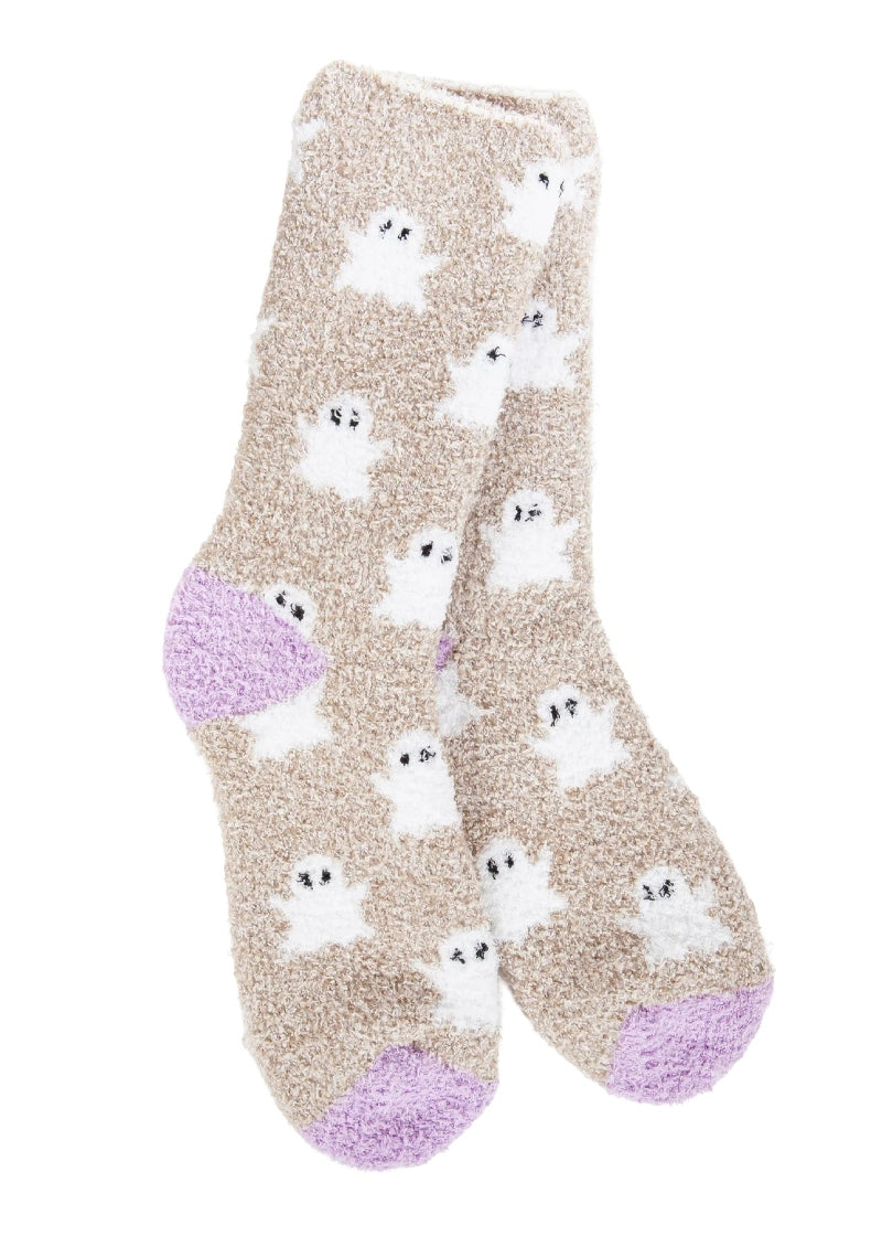 World's Softest Socks Knit Pickin' fuzzy crew socks in Ghostly; gray background with purple heel and toe and ghost pattern