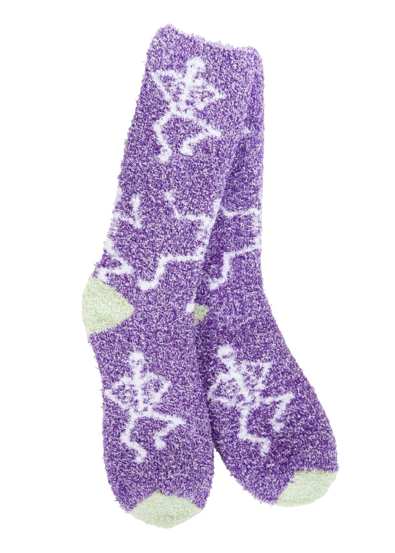 World's Softest Socks Knit Pickin' fuzzy crew socks in Skully; purple background with gray heel and toe and skeleton pattern