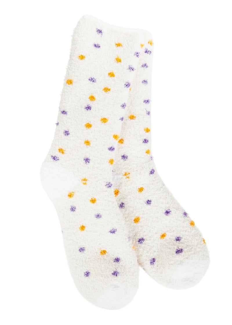 World's Softest Socks Knit Pickin' fuzzy crew socks in Hallow-Dots; white background with purple and orange dots