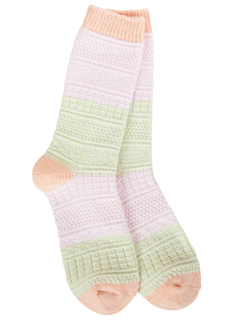 World's Softest basket knit crew socks in peach, yellow, and pink stripes