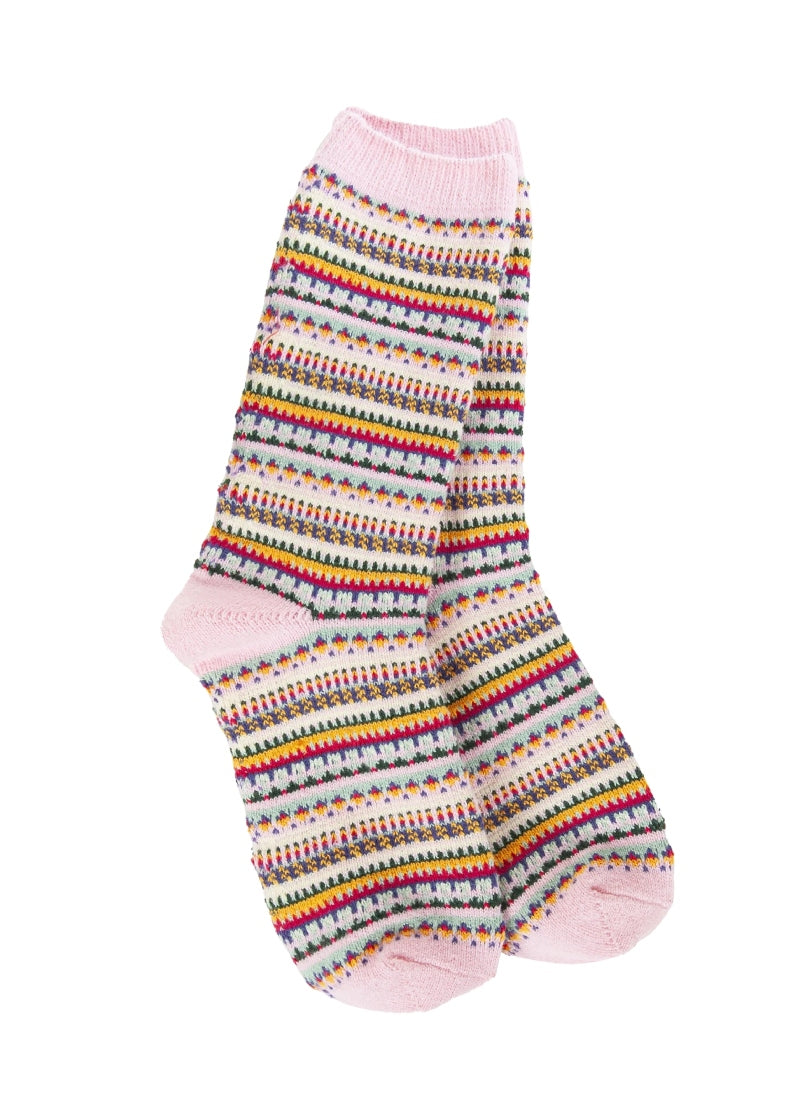pink knit socks with multicolor geometric stripes
