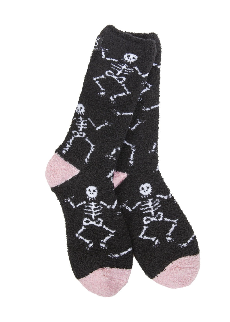 black and pink fuzzy socks with skeleton pattern