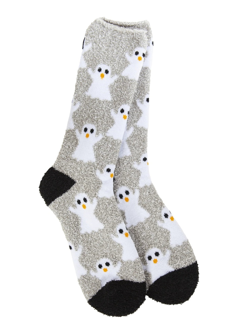gray fuzzy socks with ghost pattern