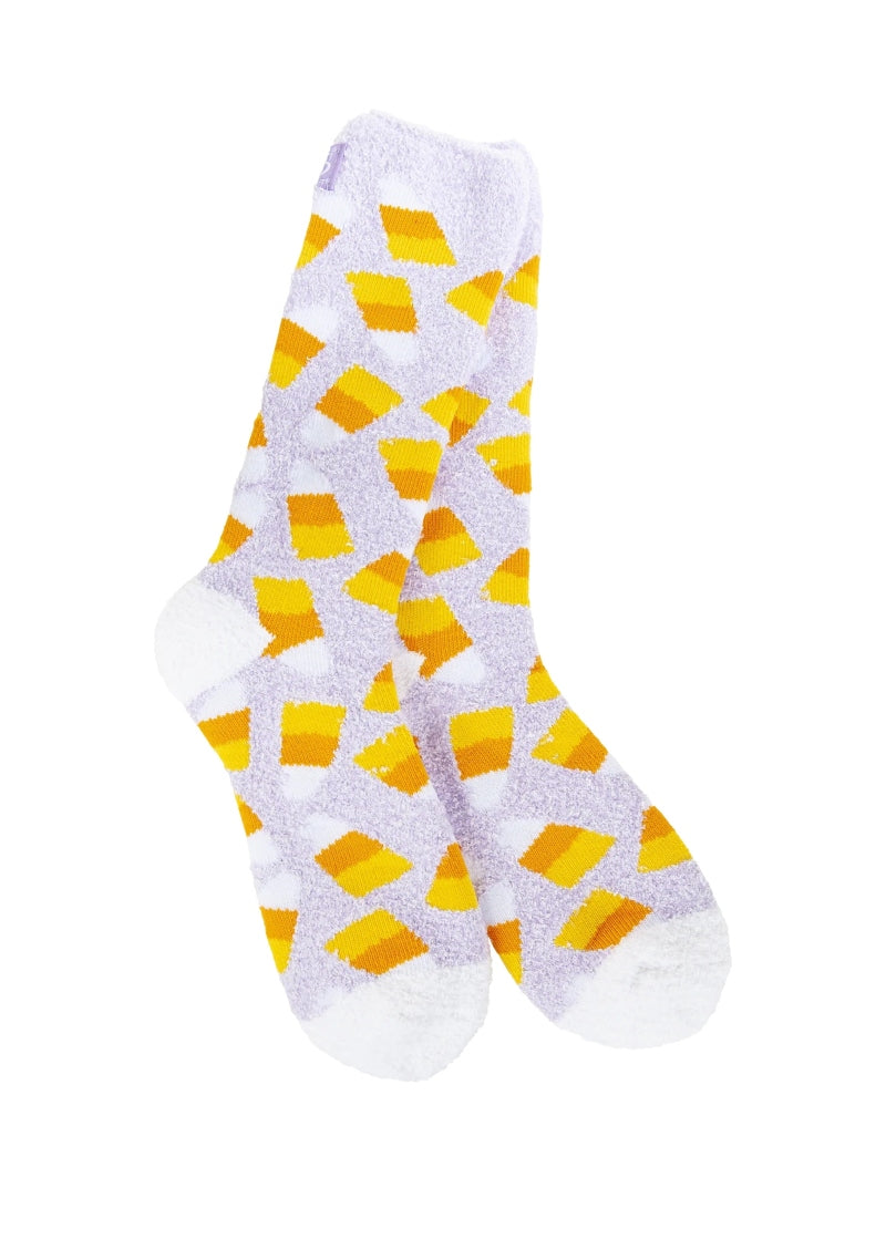 lavender fuzzy socks with candy corn pattern