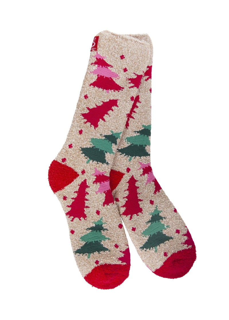 tan fuzzy socks with red and green pine tree pattern
