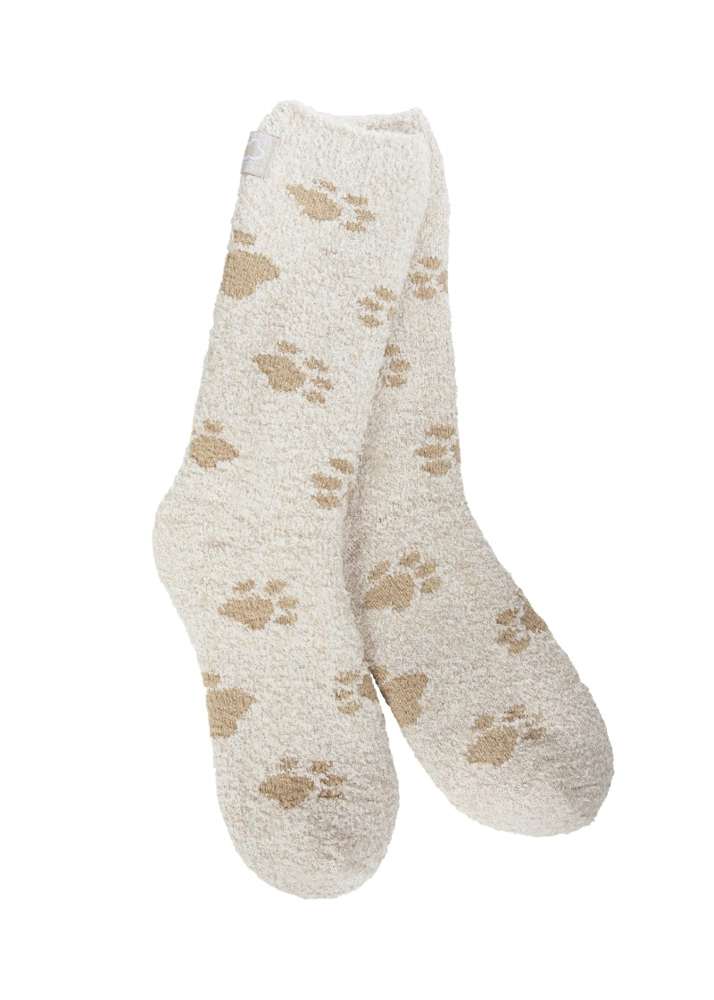 tan fuzzy socks with brown paw prints