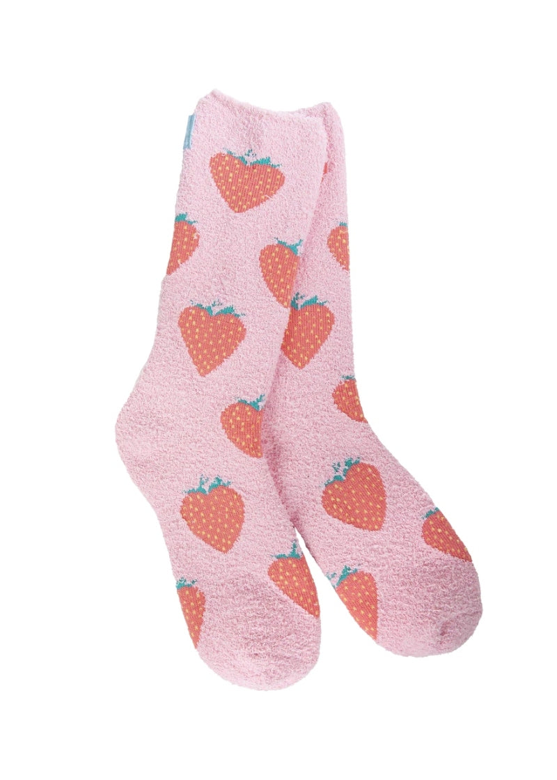 pink fuzzy socks with heart-shaped strawberries