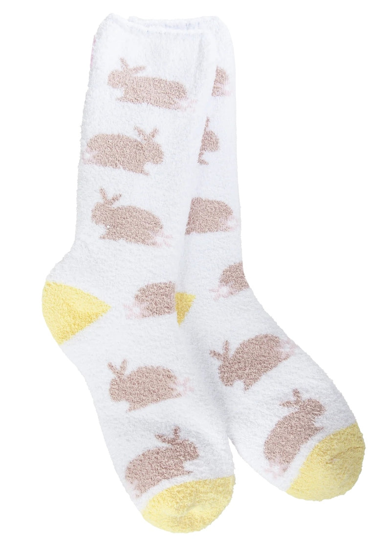World's Softest plush fuzzy crew socks in white with yellow heel and toe and chocolate bunny pattern