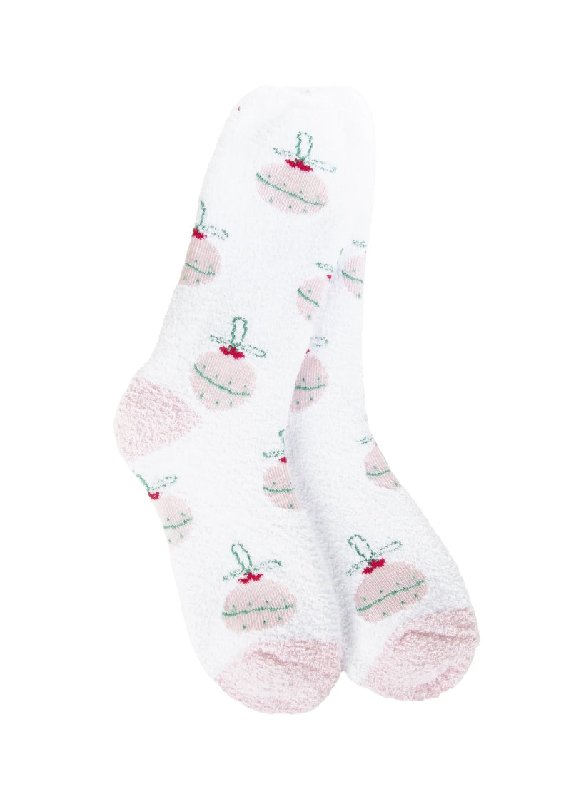 white fuzzy socks with holiday ornament pattern and pink accents