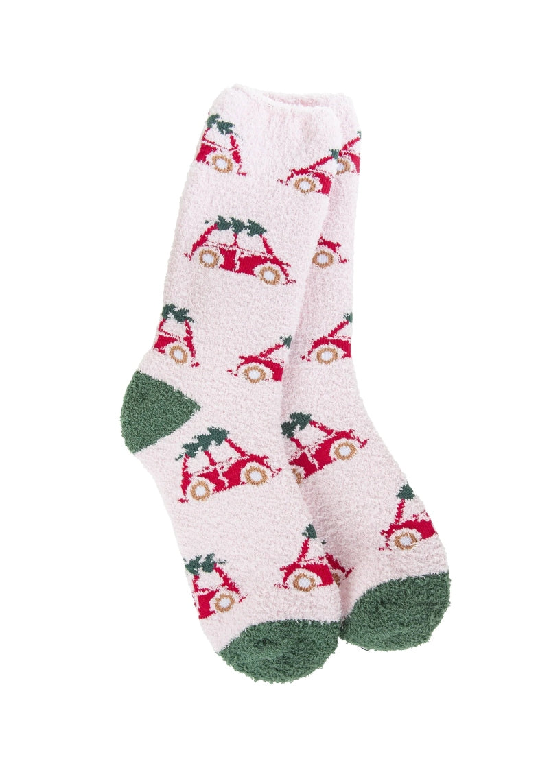 white fuzzy socks with red car pattern and green accents