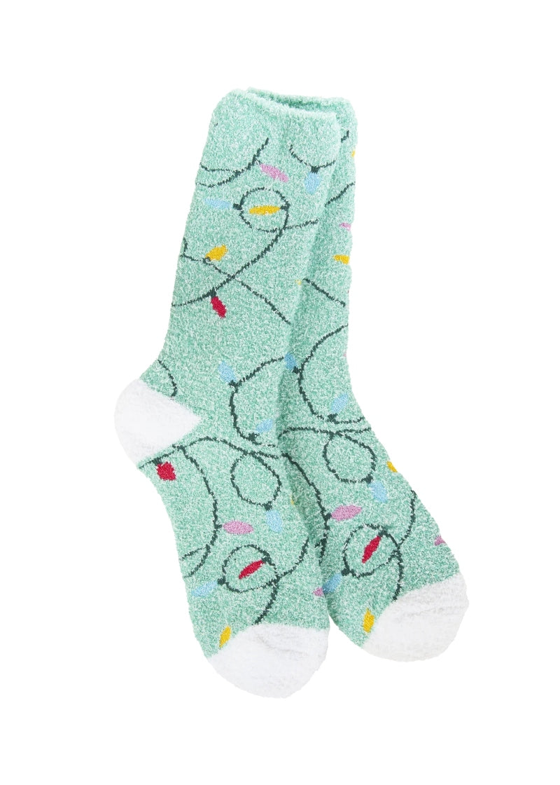 mint green fuzzy socks with string lights pattern and white accents