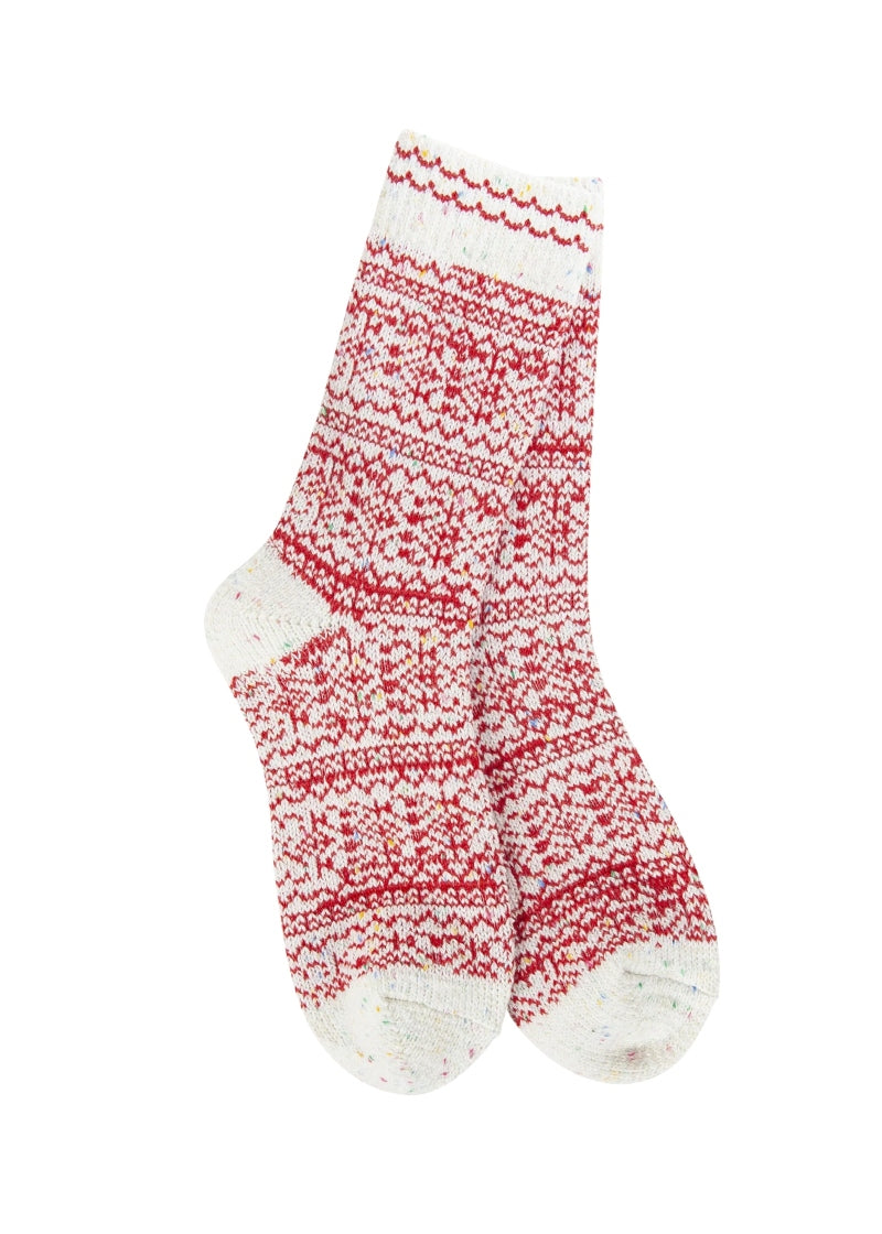 white knit socks with red geometric pattern
